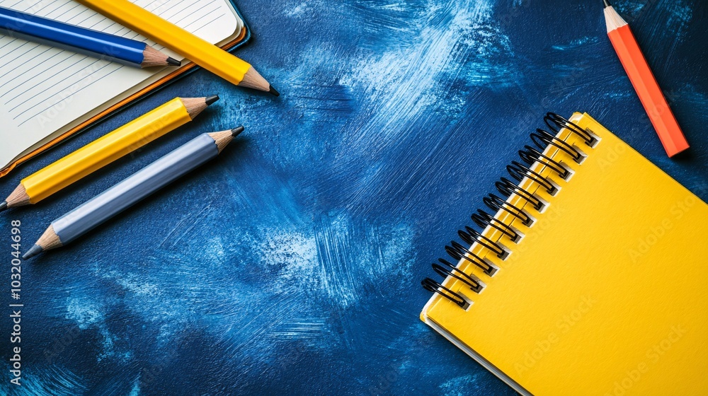 Aufkleber Brightly colored erasers and sharpeners creating a pattern on a bold background next to notebooks Stock Photo with side copy space