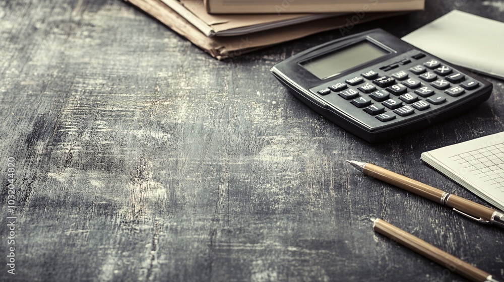 Aufkleber Flat lay of a desk setup with textbooks calculators and pens arranged around a clean work area Stock Photo with side copy space