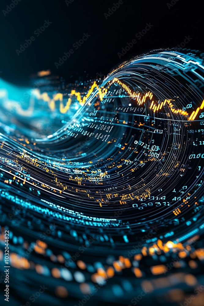 Poster Dynamic abstract image depicting a wave of data in blue and orange. This visually striking representation conveys concepts of technology, analysis, and digital information flow.