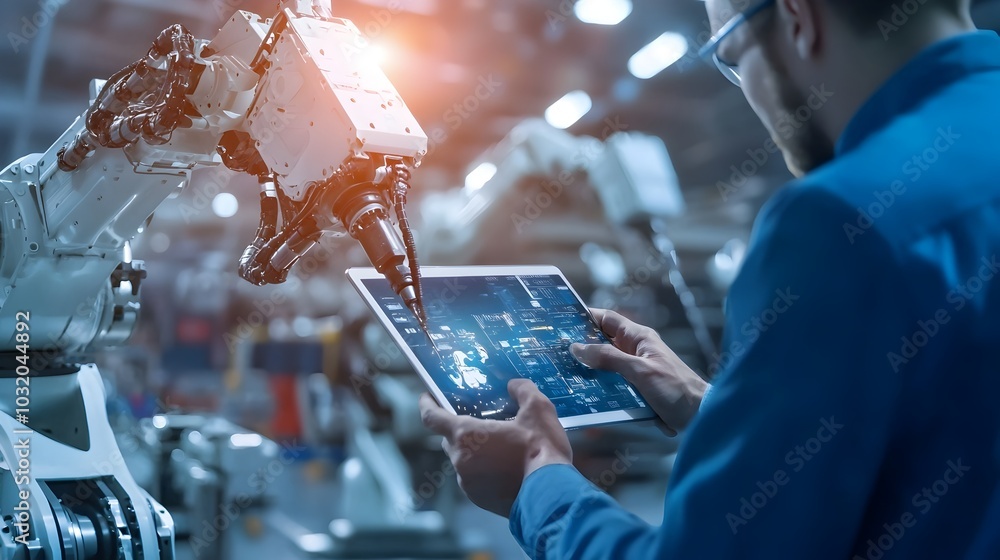 Poster factory worker controlling robotic arms through tablet interface in high tech manufacturing environm