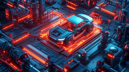 Futuristic car model displayed on an advanced automated assembly line with glowing red and blue lights, representing cutting-edge automotive technology and robotics in manufacturing