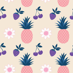 A pattern with pineapples and berries on a beige background.