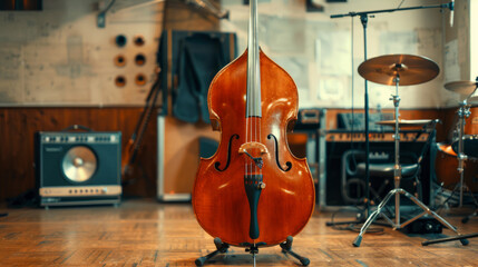 A bass stands prominently in a rehearsal room filled with musical instruments and equipment during...