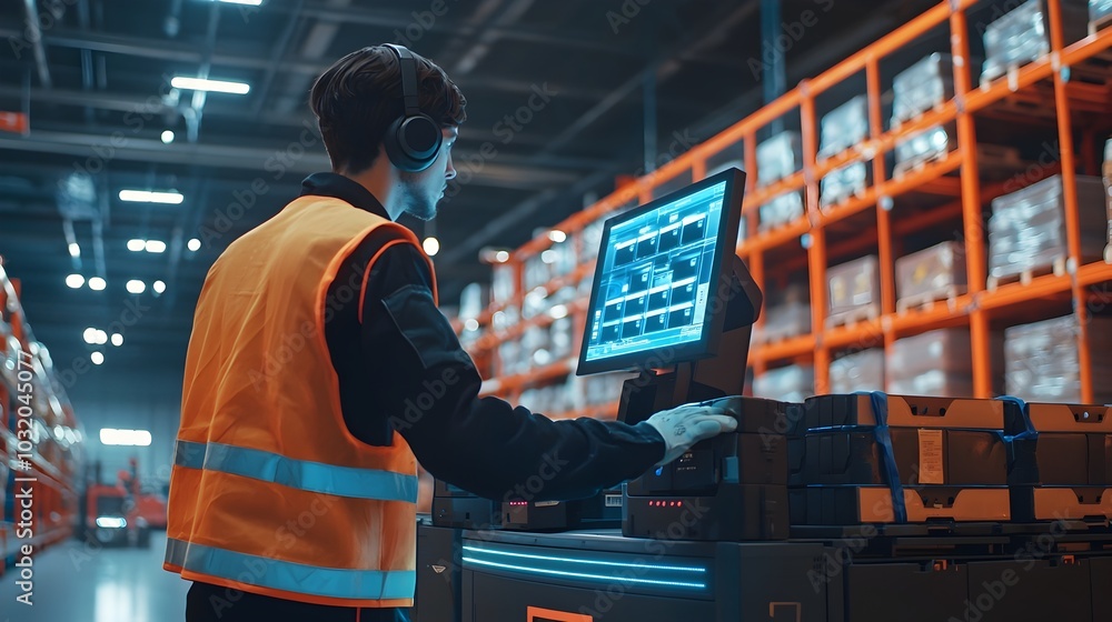 Aufkleber logistics worker using autonomous robots to sort and transport goods in warehouse monitored via cont