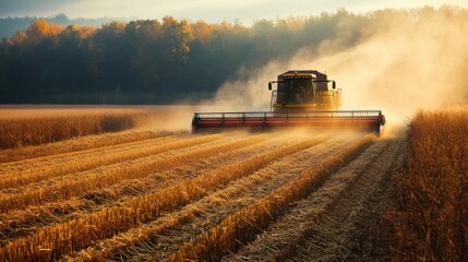 Obraz premium Combine harvesters collecting crops in vast farmlands, streamlining the harvesting process