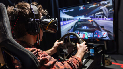 Experiencing the thrill of racing in a simulator setup with virtual reality at a gaming venue