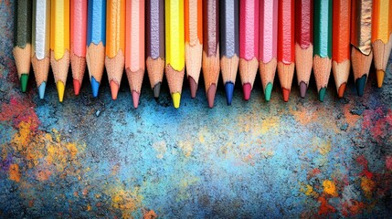 Vivid colors of colored pencils and crayons laid out on a pastel background ready for a new school year Stock Photo with side copy space