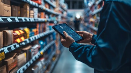 Retail Worker Using AI Powered Inventory Management System on Handheld Device for Shelves with Predictive Accuracy