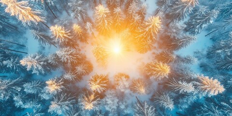 Fototapeta premium Aerial view of a snow-covered pine forest at dawn, the sun casting long shadows through the trees as it rises over the horizon.