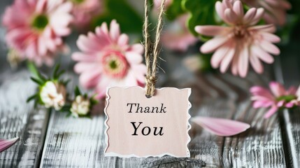 Naklejka premium thank you paper label on wooden background with spring flowers