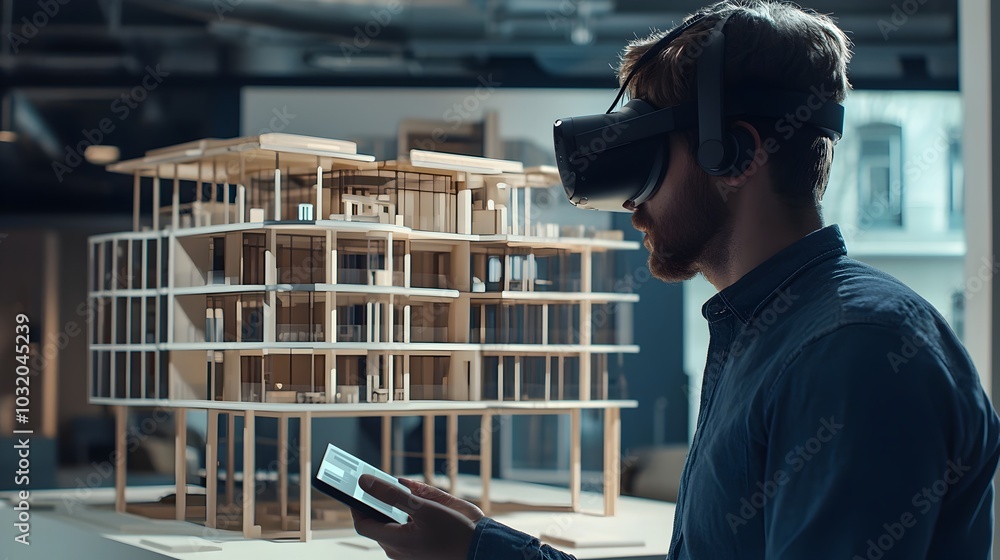Poster architect utilizes virtual reality to walk clients through digital building model making real time a