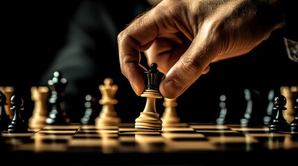 A man's hand is about to move a black chess queen on the board.