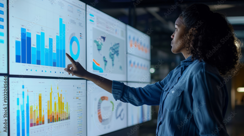 Poster professional analyzing innovative data solutions on display screens in a modern office setting durin