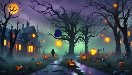 Halloween' Day with orange pumpkin, black bat, dead tree and big orange moon.