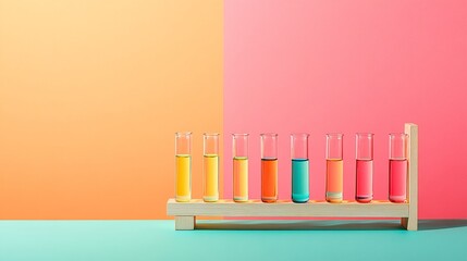 Test tubes filled with vibrant liquids arranged on a lab stand against a sterile backdrop Stock Photo with side copy space