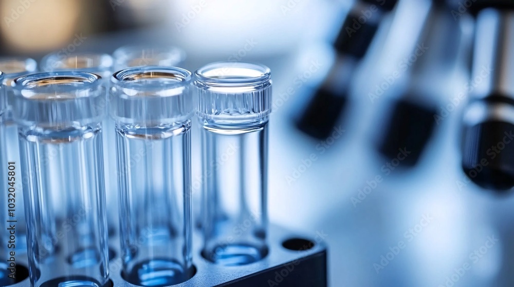 Aufkleber close-up of pipette tips and small glass vials on a clean research bench stock photo with side copy 