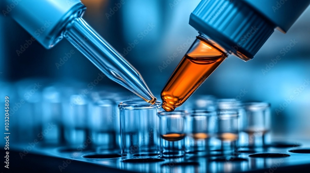 Aufkleber close-up of pipette tips and small glass vials on a clean research bench stock photo with side copy 