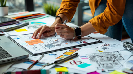 Creative brainstorming session with hand-drawn sketches spread across a cluttered desk in a bright workspace