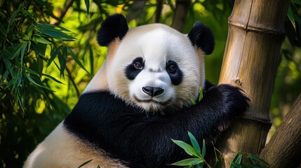 Panda Resting Peacefully Against Bamboo Tree