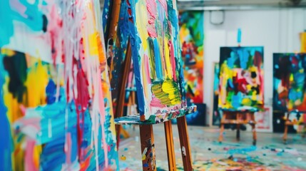 Obraz premium Colorful Abstract Paintings on Easels in a Messy Studio