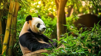 Obraz premium Peaceful Panda Resting Amongst Bamboo Foliage