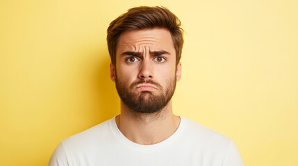 Obraz premium A determined individual stands before a bright yellow background, expressing focus and contemplation in a personal moment of reflection