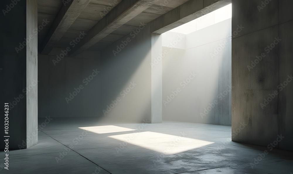 Poster Light rays illuminate empty concrete space creating a stark and barren atmosphere.