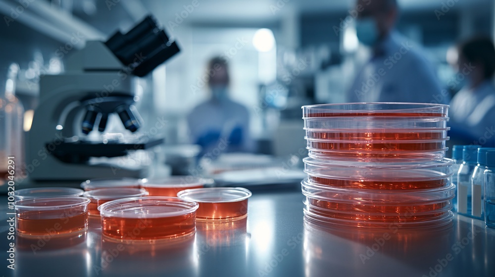 Poster petri dishes stacked neatly alongside a microscope and chemical reagents for cutting-edge research s