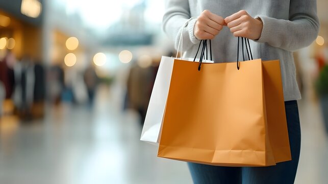 Close up View of Hands Holding Multiple Shopping Bags While Walking Through a Busy Crowded Mall or Shopping Center with Shoppers and Storefronts in the Background