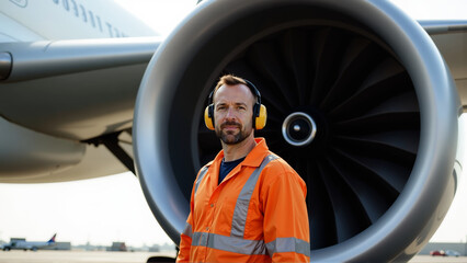 Male aircraft technician in front of airplane engine wearing protective earmuffs