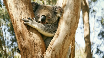 Obraz premium Sleepy Koala Nestled in Eucalyptus Fork