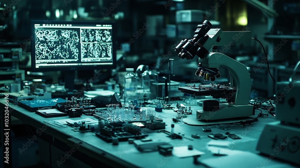 Aufkleber modern scientific equipment including microscopes test tubes and digital analysis tools on a sterile