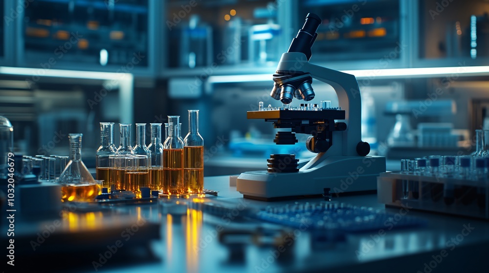 Aufkleber modern scientific equipment including microscopes test tubes and digital analysis tools on a sterile