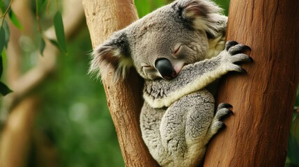 Naklejka premium Sleepy Koala Nestled in Eucalypt Tree Fork
