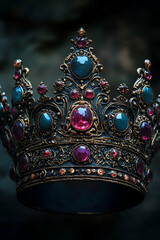An intricately designed crown adorned with colorful gemstones, featuring a regal and vintage aesthetic, set against a dark backdrop.