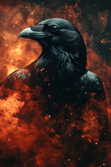 A majestic raven surrounded by fiery, swirling colors, showcasing a striking contrast of darkness and light.