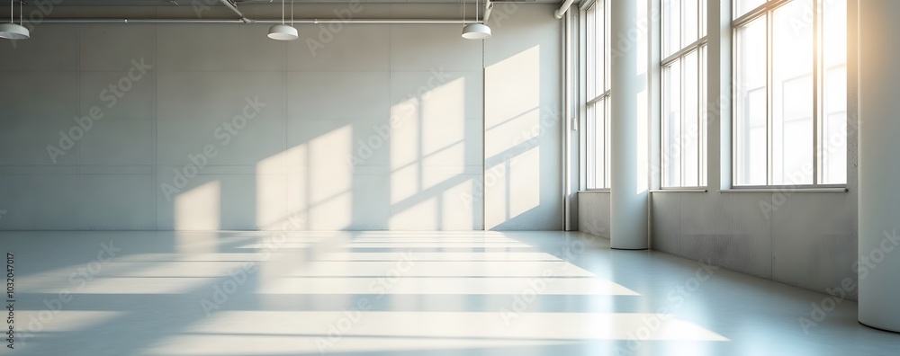 Poster office has a modern empty space with natural sunlight filtering through the windows.