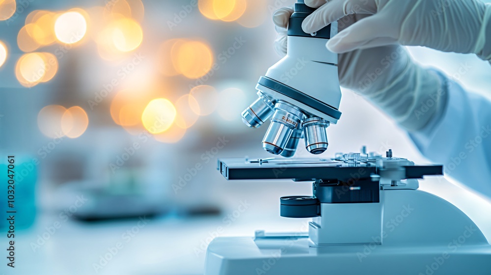 Poster gloved hands handling delicate medical equipment on a clean laboratory surface ready for testing sto