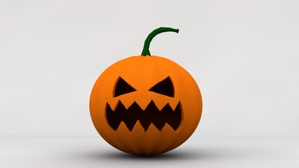A spooky Halloween pumpkin with a carved, jagged mouth and triangle-shaped eyes, set against a plain background. The pumpkin has a green stem and a menacing expression, perfect for Halloween themes.