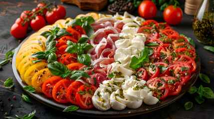 A platter of assorted Caprese salad with various toppings