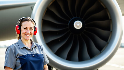 Female aircraft technician in front of airplane engine wearing protective earmuffs