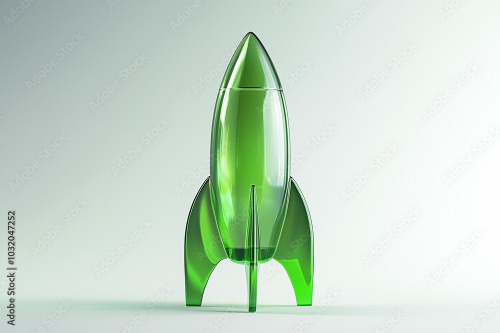 Wall mural green glass rocket sculpture on light background.