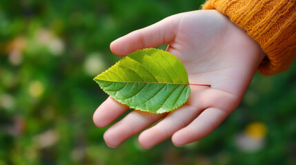 A person gently holds a vibrant green leaf in an open hand during a tranquil outdoor moment in nature