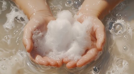 A close-up of a baby's hands squeezing a mound of soap foam, 