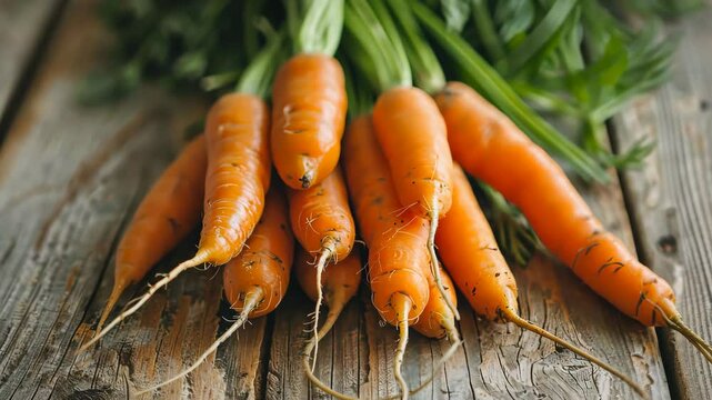 Fresh organic carrots on rustic wooden table, close-up. Healthy eating and organic farming concept.