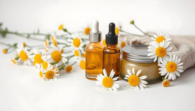 Spa and wellness setting. Composition with chamomile flowers and cosmetic bottle of essential oil serum and cream in zero waste pacage on white background isolated with white highlights, png