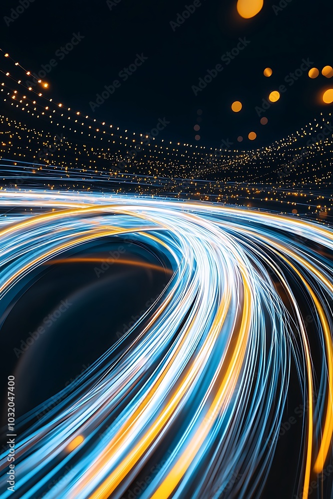 Poster this captivating image features vibrant light trails weaving through a dark cityscape, creating an a