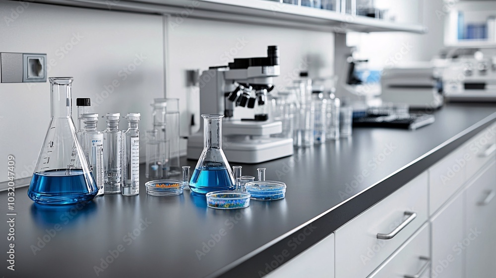 Poster petri dishes filled with colorful cultures beside advanced lab instruments on a highly organized ben