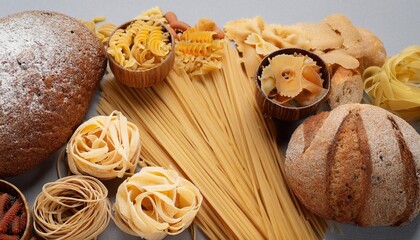 Various Types of Pasta and Bread Arranged on a Grey Background
