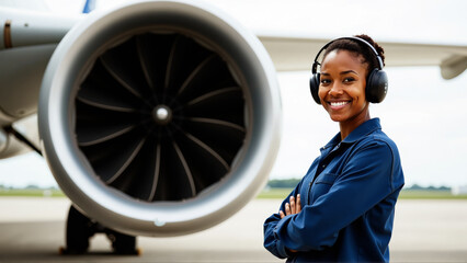 Female aircraft technician in front of airplane engine wearing protective earmuffs